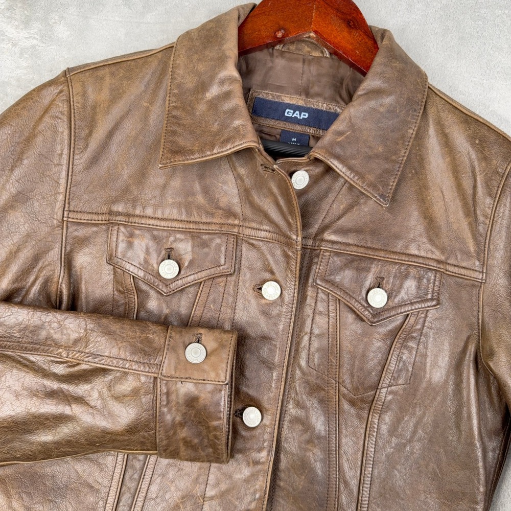 Vintage Gap Brown Leather Trucker Jacket Womens M Button Up Lined Jacket Pockets
